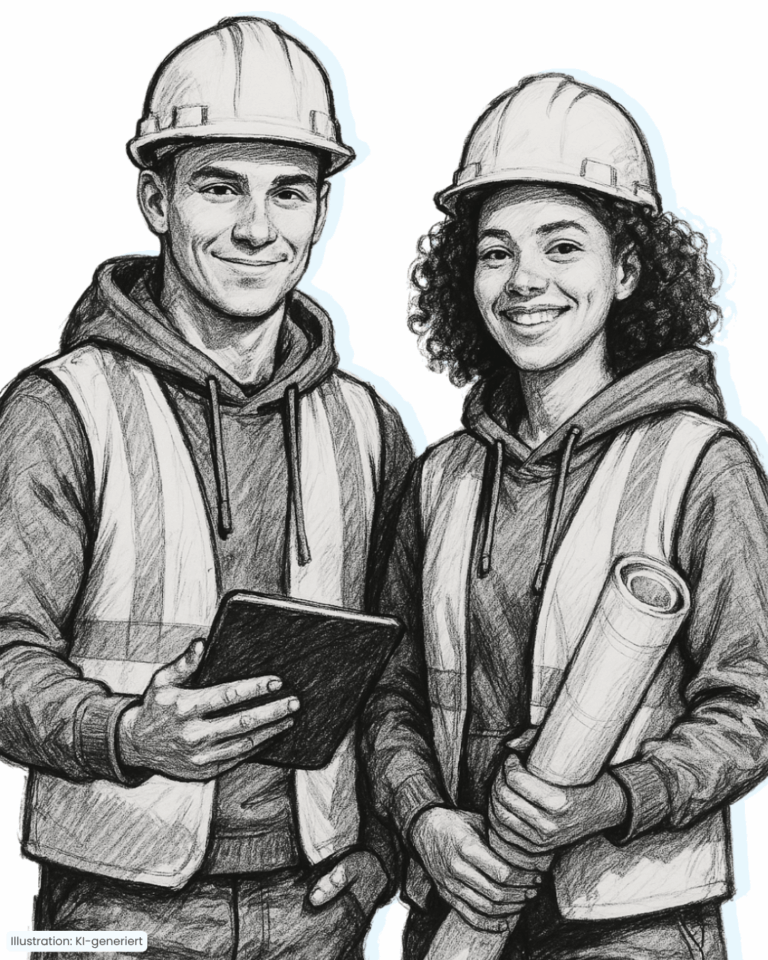Illustration von zwei Bauleitern mit Tablet und Bauplan – Symbol für das Anforderungsprofil bei Neureiter-Bau.