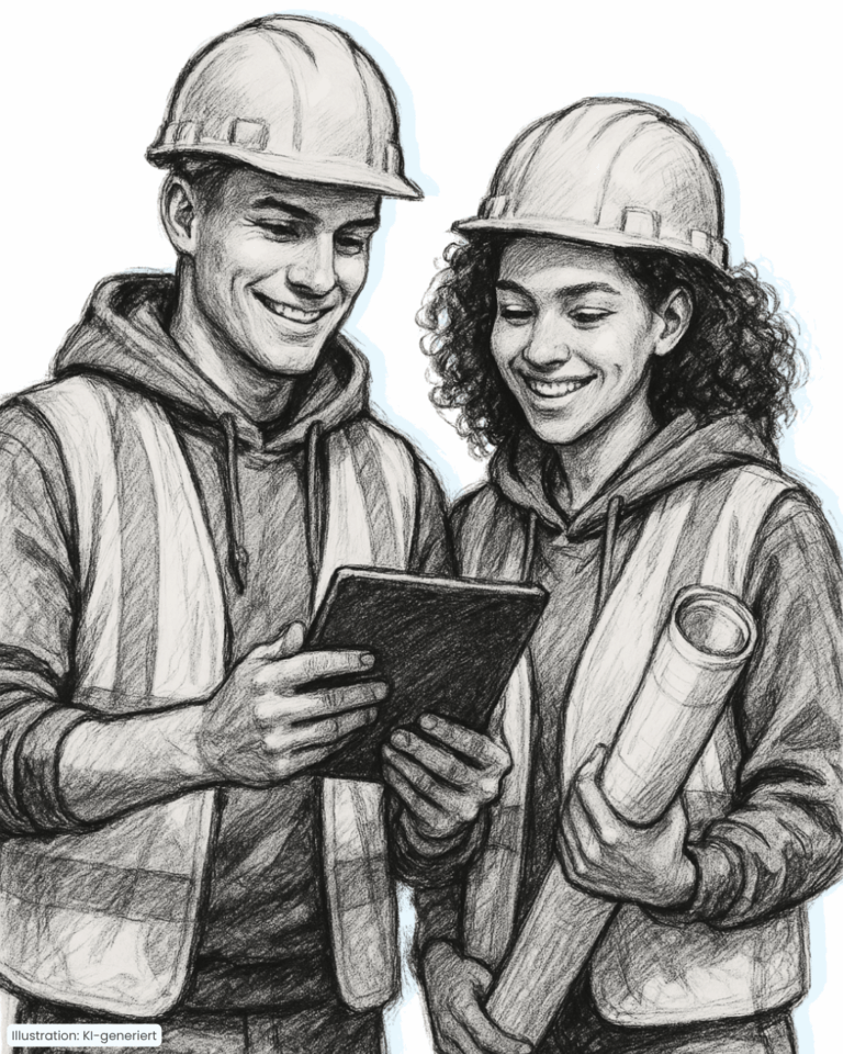 Illustration von zwei Bauingenieuren mit Bauplänen und Tablet, die sich ihren Aufgaben in der Bauleitung bei der Neureiter GmbH widmen.