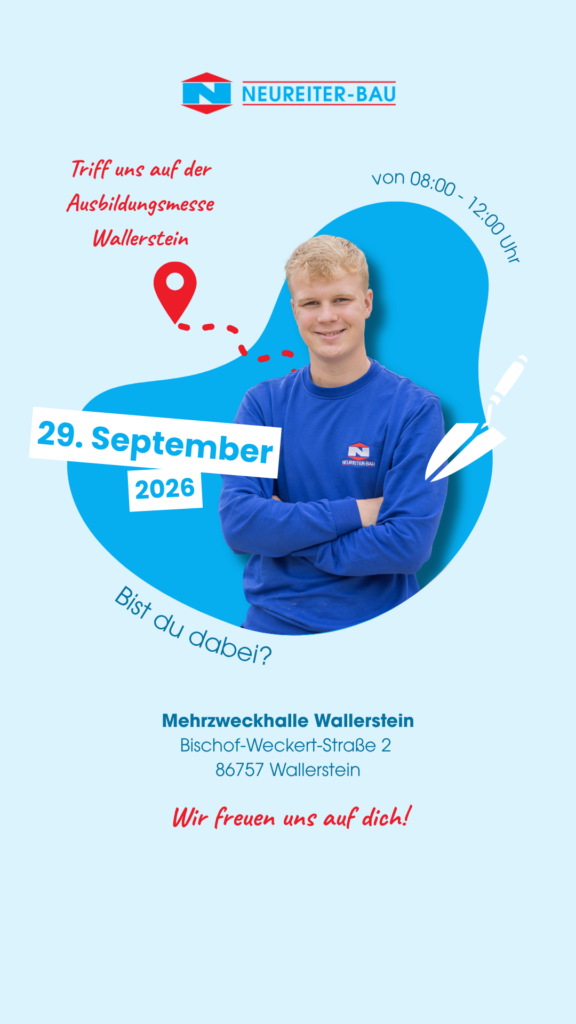 Reminder der Neureiter GmbH für die Ausbildungsmesse Wallerstein am 29. September 2026 in der Mehrzweckhalle Wallerstein.